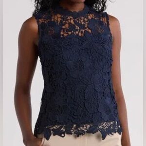 NANETTE LEPORE Dark Navy Blue Yolk Lace Crochet Sleeveless Tank Size Small